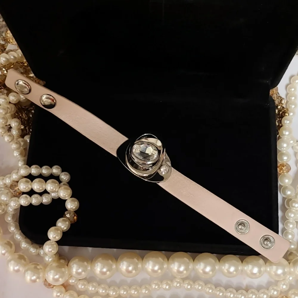 Abstract Crystal Embellished Pink Leather Silver Bracelet